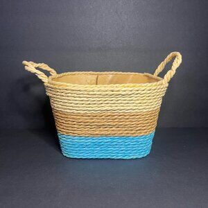 Small Handmade Woven Tan Brown & Blue Striped Basket w/ Handles 4 x 6.25"